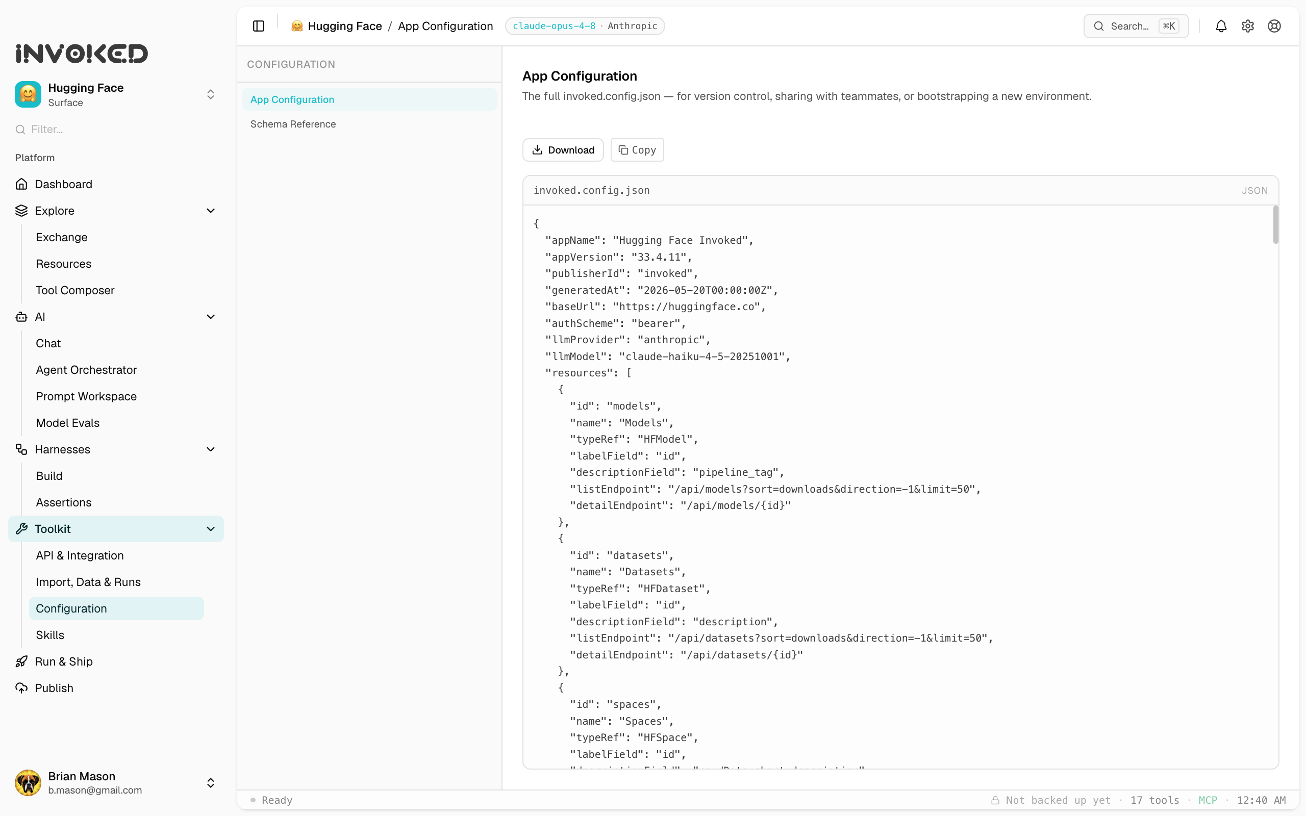 The Invoked data and runs configuration, with local backup and restore of the workspace.