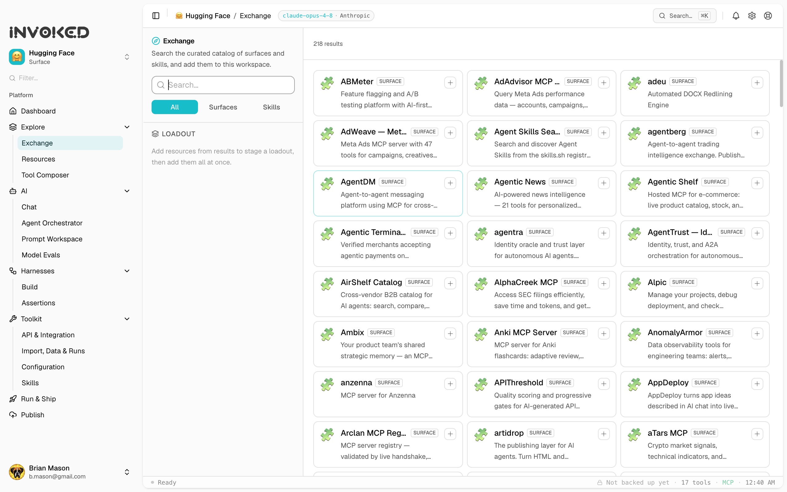 The Invoked Exchange, an in-app directory to search and add MCP surfaces and skills from the public catalog.