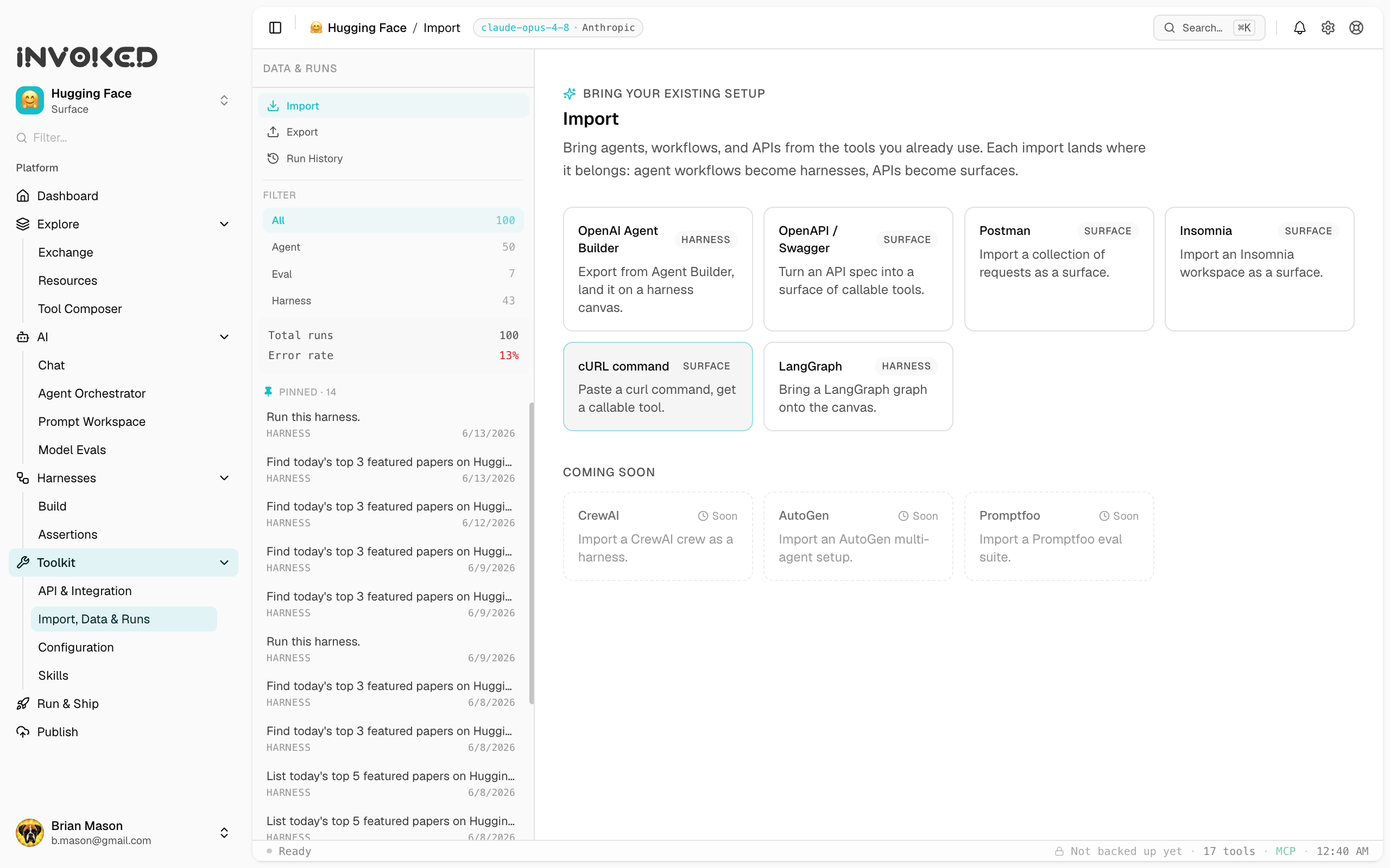The Invoked Import hub, bringing an existing setup into Invoked from OpenAI Agent Builder, OpenAPI, Postman, Insomnia, and cURL.