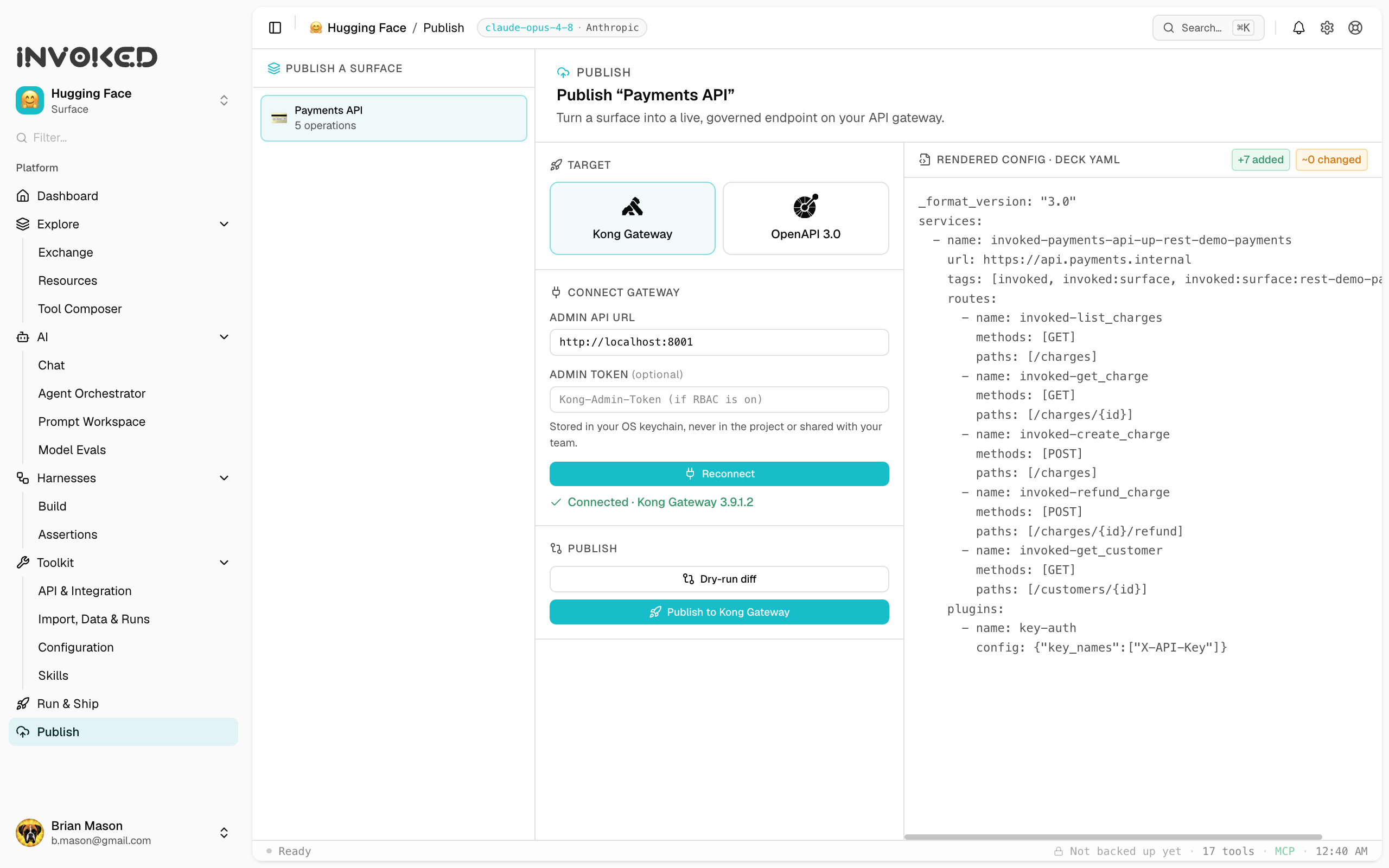 The Invoked Publish panel, connected to a live Kong Gateway, rendering a surface as gateway config with services, routes, and a key-auth plugin, ready to publish with a dry-run diff.