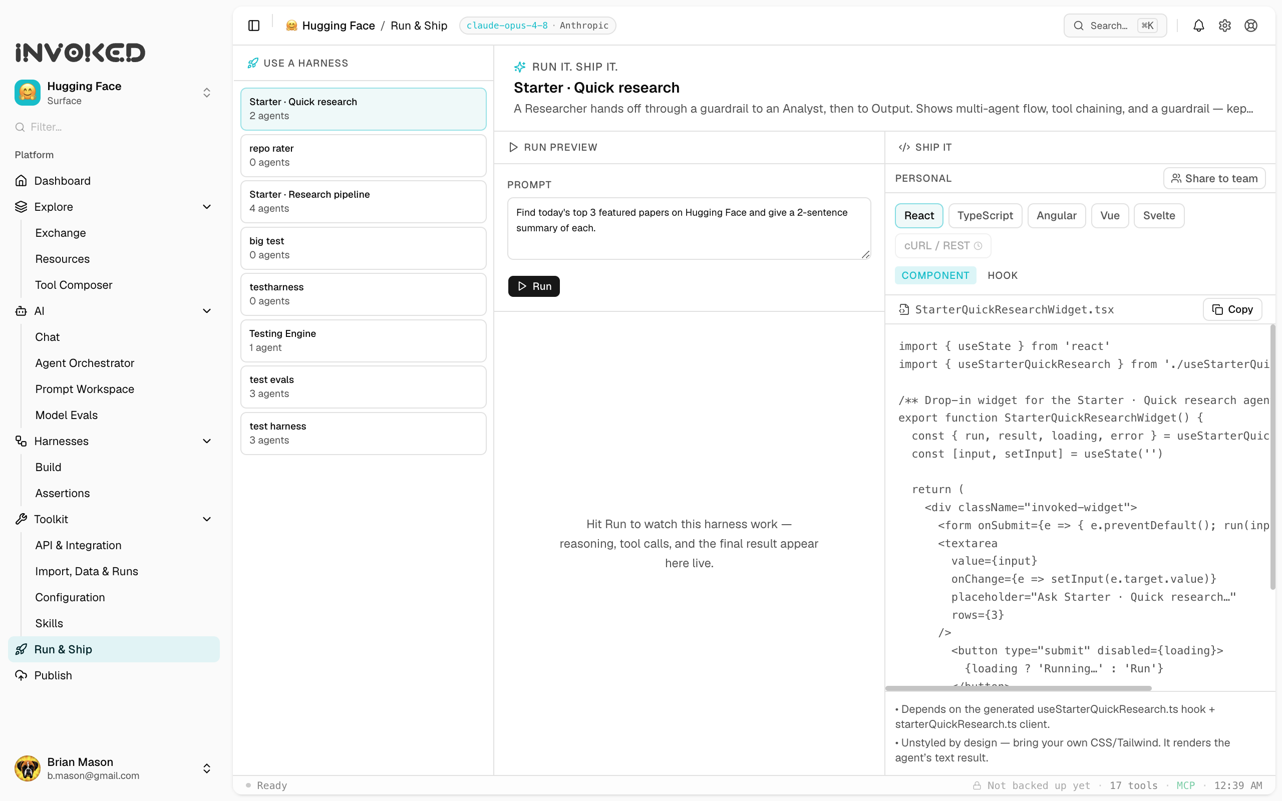 The Invoked Run & Ship panel, running a harness live and generating portable integration code for React, TypeScript, and other frameworks.
