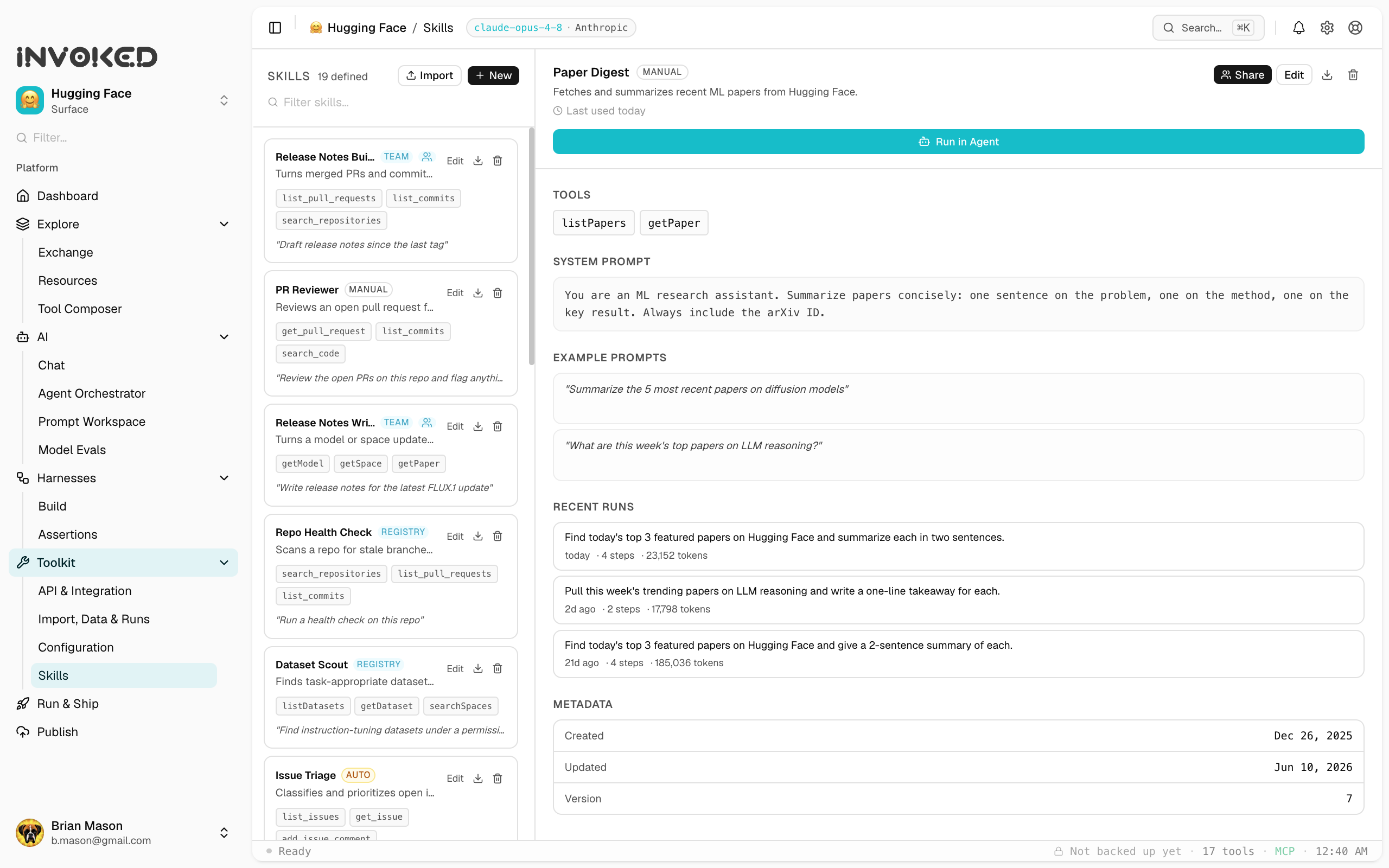 The Invoked Skills panel, showing reusable agent skills with their tools, a shared team skill, and a detail pane with the system prompt and example prompts.