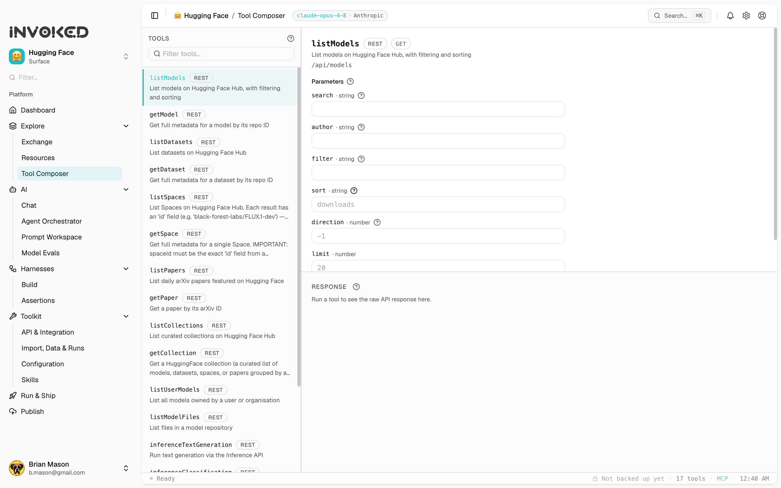 The Invoked Tool Composer, calling an MCP tool and showing the structured response inline.