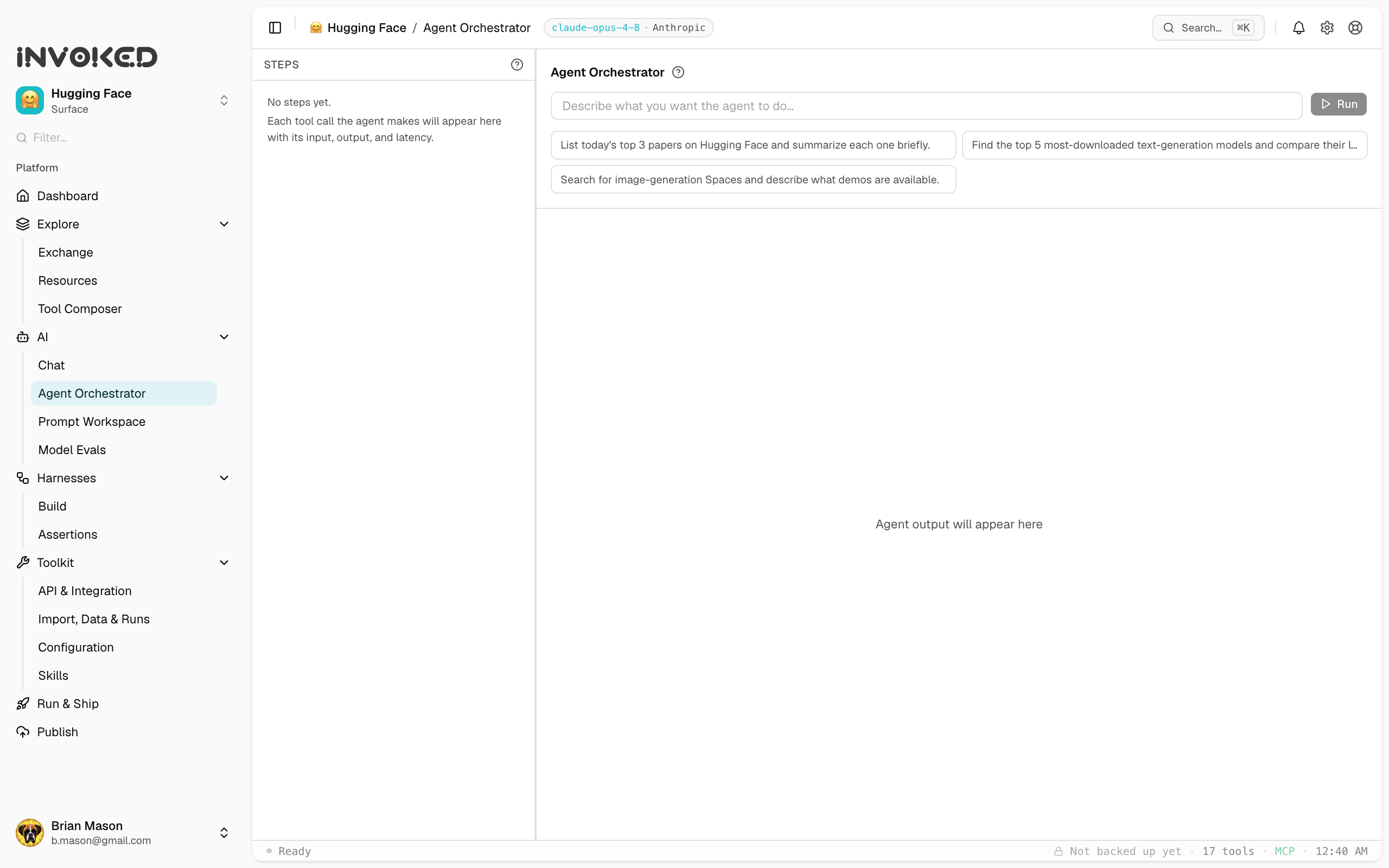 The Invoked Agent Orchestrator streaming a live, fully traced agent trajectory: reasoning, each tool call and its result, and the final answer.