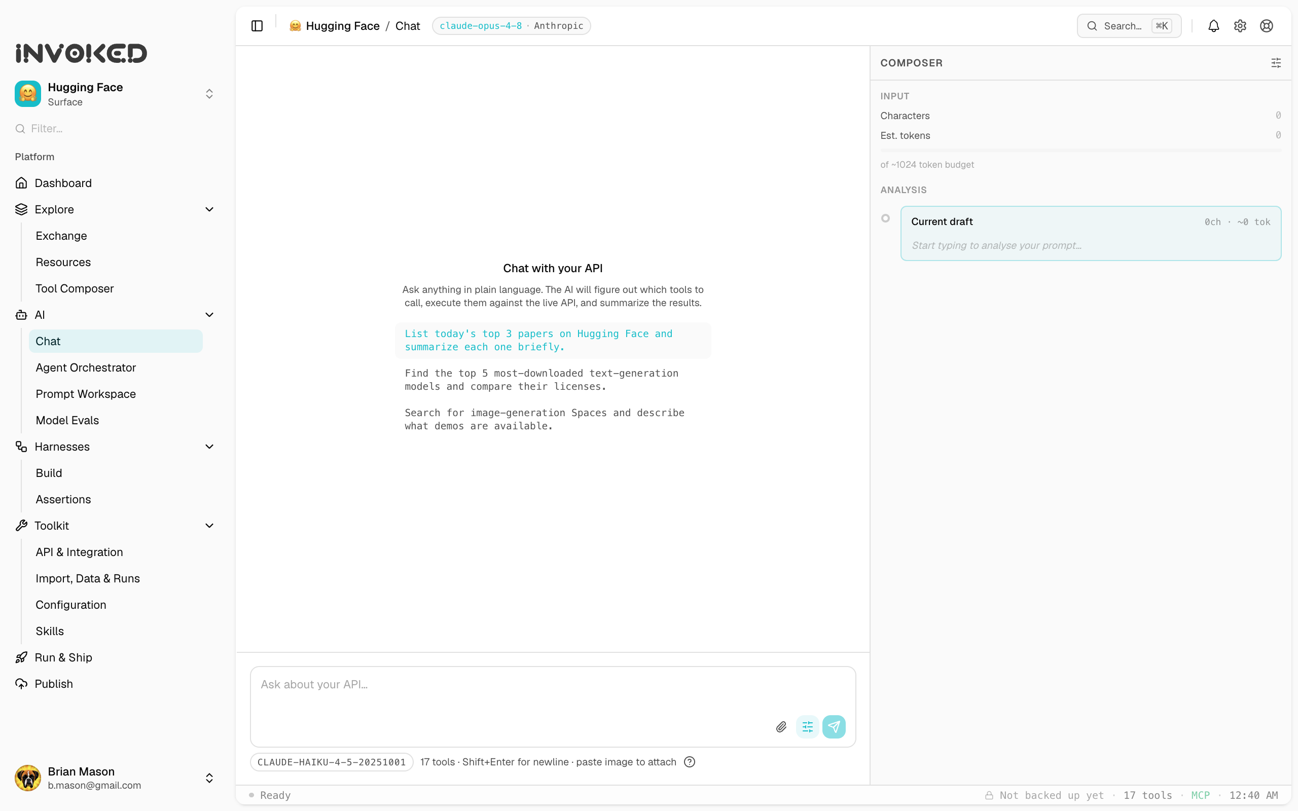 The Invoked Chat panel running a conversational AI agent with full tool access and the same run tracing used across Invoked.