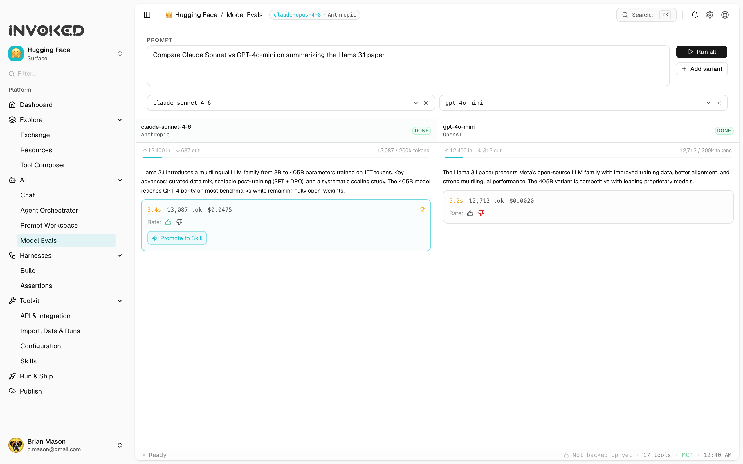 The Invoked Evals panel comparing agent runs side by side, swapping models, and scoring outputs with an LLM judge before a change ships.