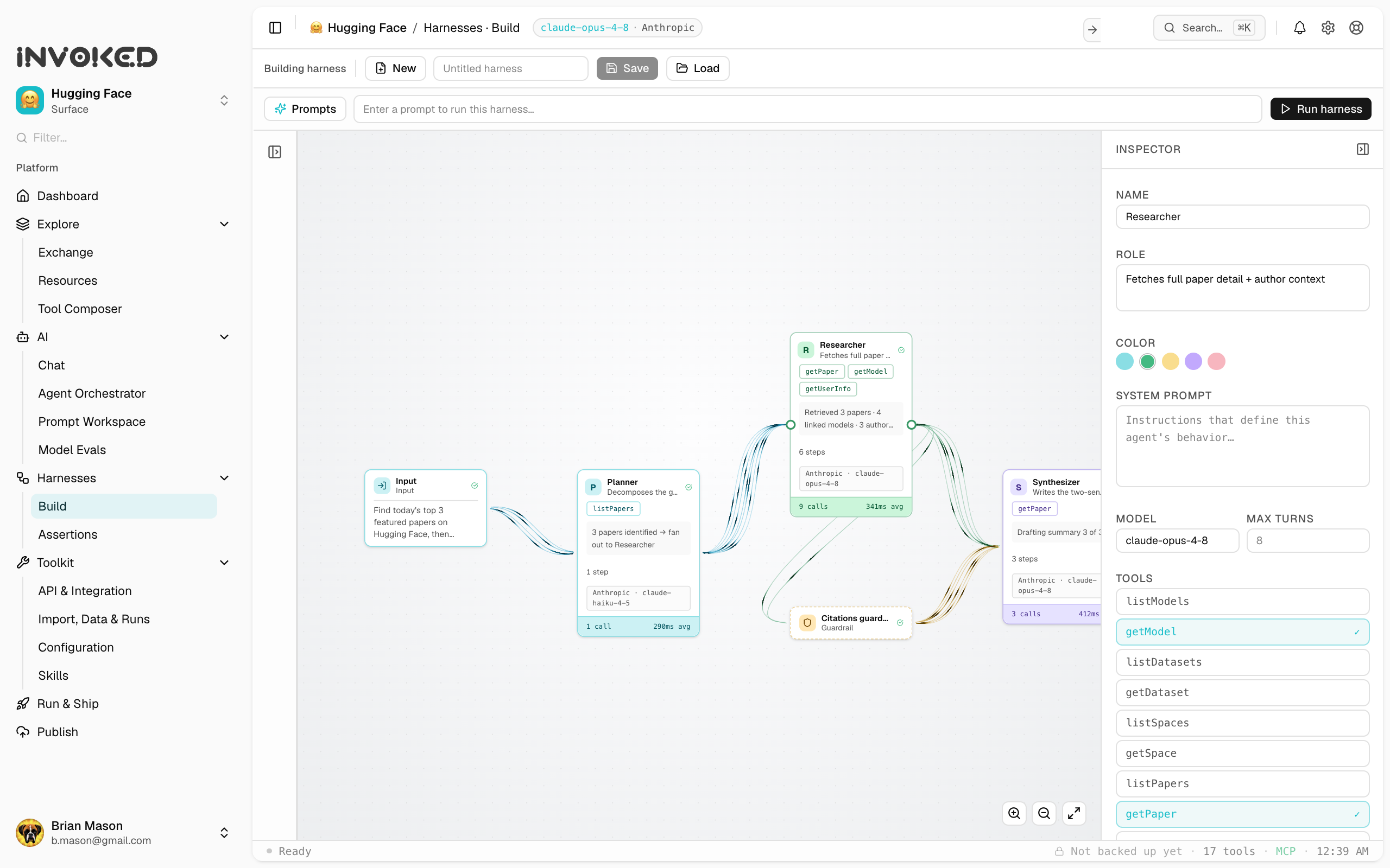 The Invoked multi-agent harness canvas: connected agent nodes running in dependency order with phase-scoped guardrails, parallel steps, and per-node run stats.