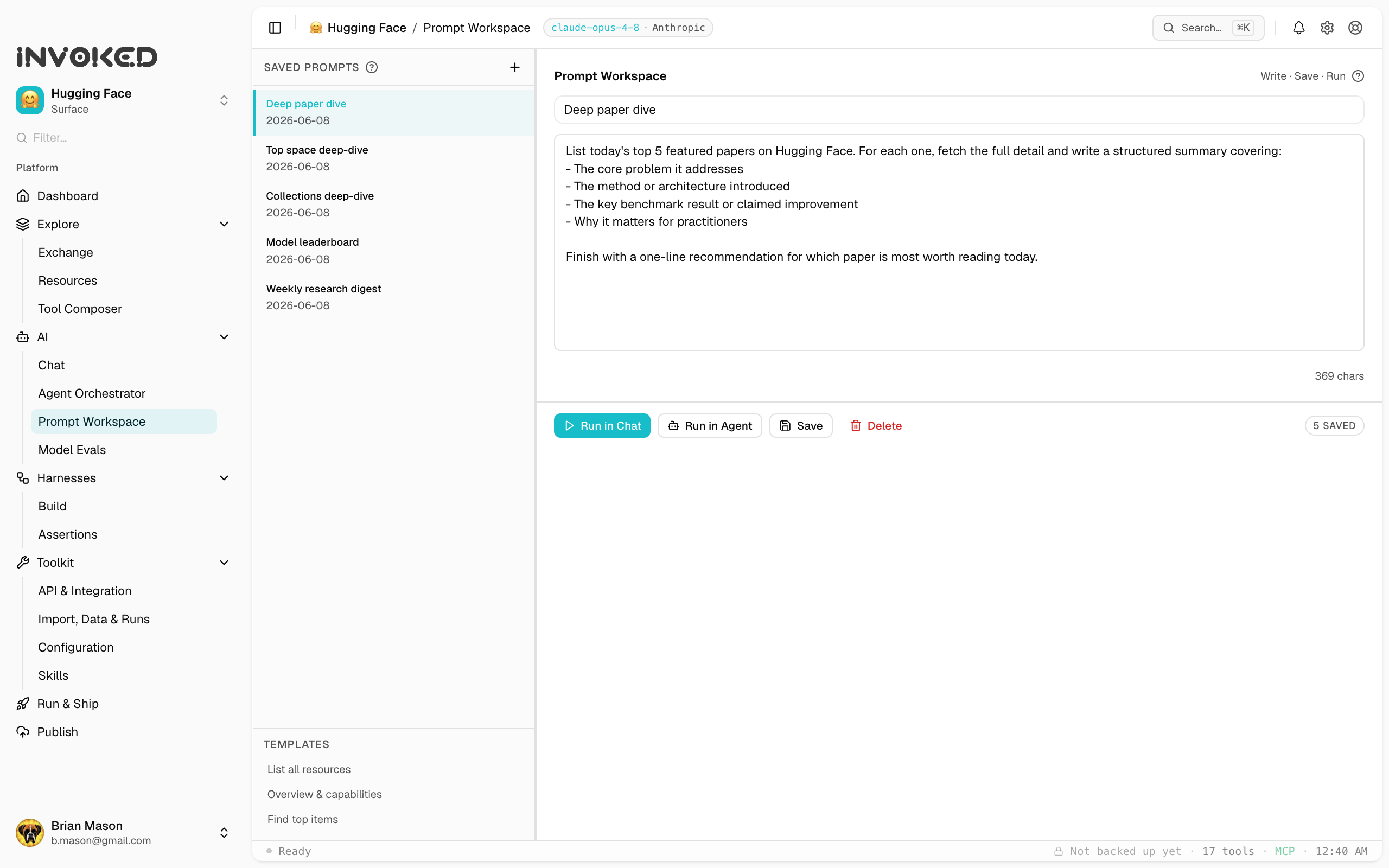 The Invoked Prompt Workspace for authoring, saving, organizing, and parameterizing agent prompts, then running them in chat or agent mode.