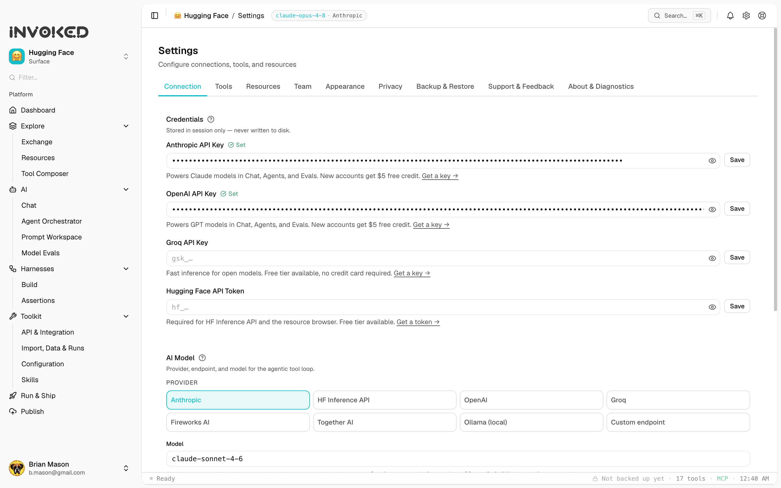 The Invoked settings connecting AI models and providers such as Anthropic, OpenAI, and Ollama, and configuring isolated surfaces.